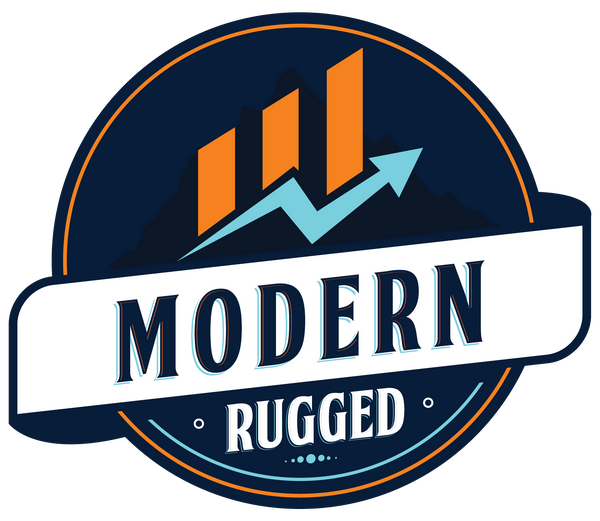 Modern Rugged circle logo with an orange graph and blue arrow showing an upward movement along with the words Modern Rugged.
